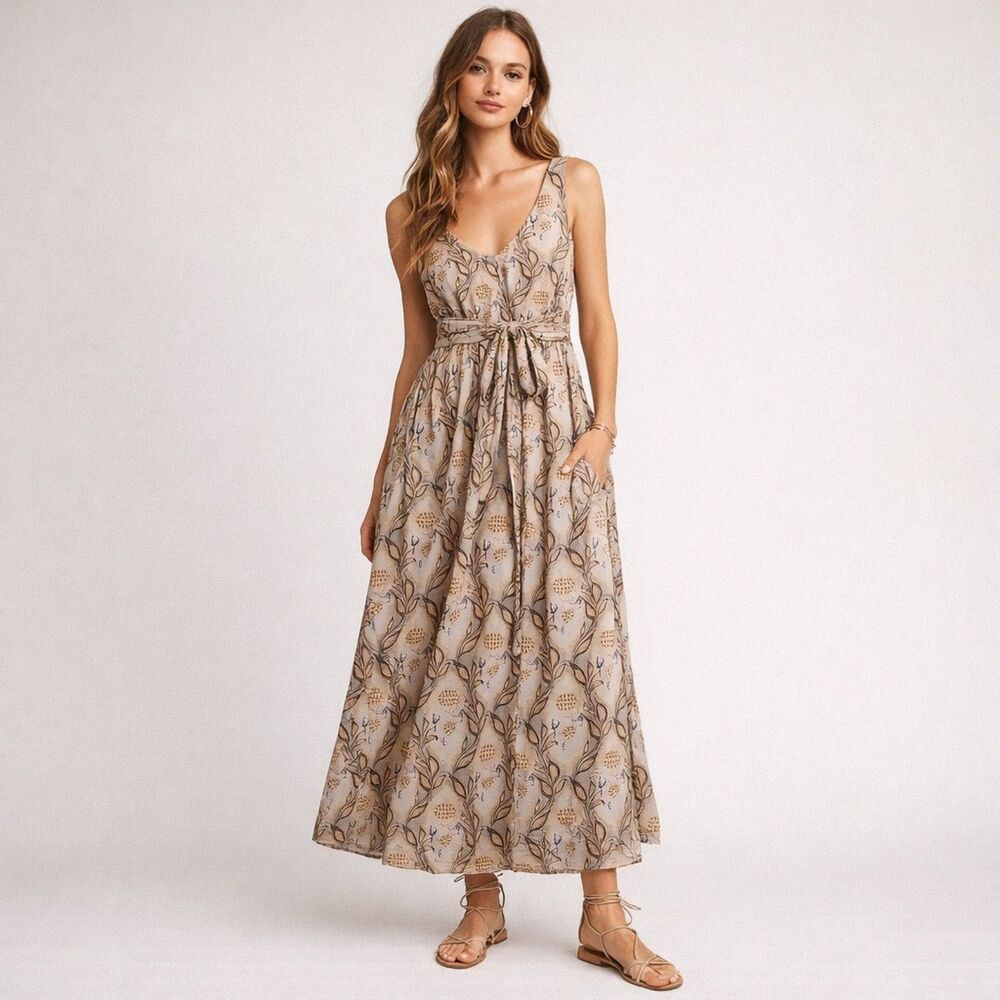Marni Cotton Tan Floral Print Sleeveless Maxi Tie Dress